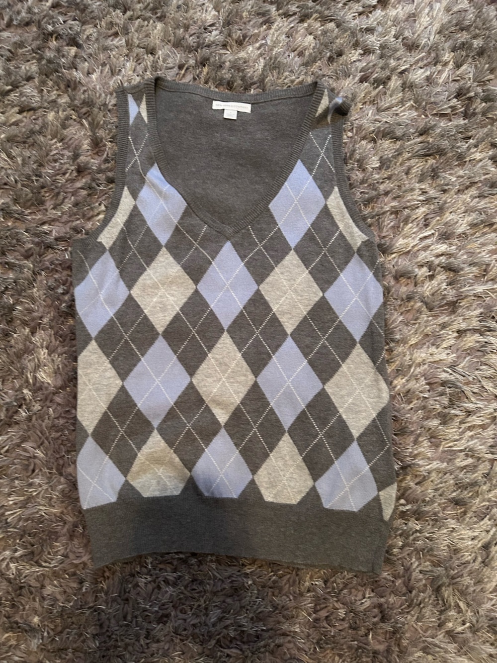 New York & Company Gray and Light Blue Argyle V-Neck Sweater Vest